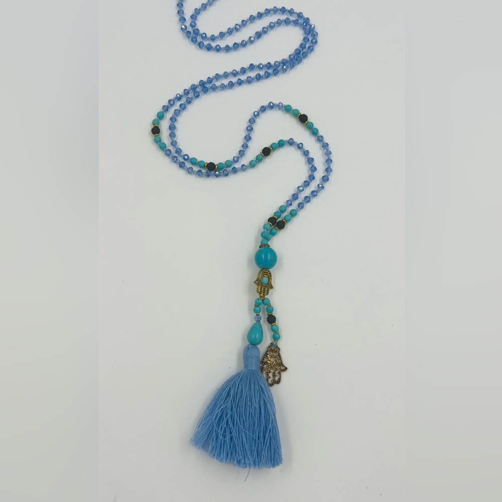 Light Blue Beaded Necklace with Tassel and Hamsa Charm 40” Long
